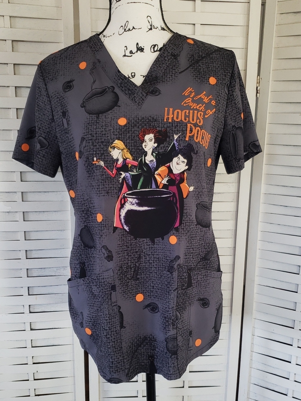Hocus Pocus Graphic Scrub Top - Gray with Orange Accents S